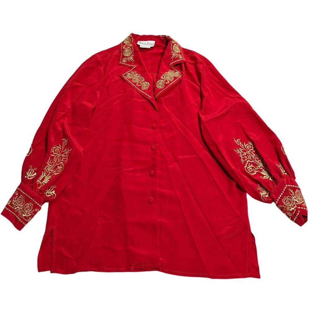 VTG Diane Von Furstenberg Button Blouse Silk Floral Embroidery Womens Medium Red